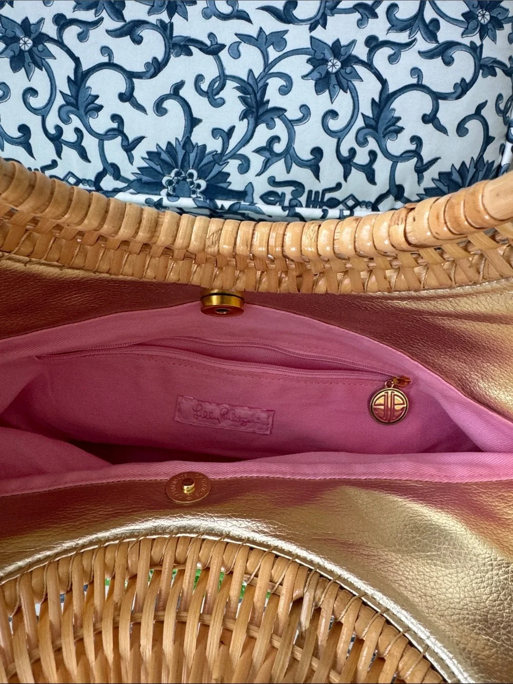 Lilly Pulitzer Green & Pink Patterned Tote with Woven Round Handles - Picture 4 of 5